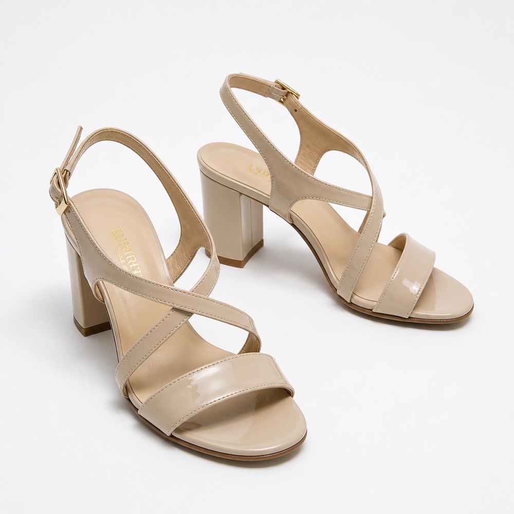 Luigi Traini Women's Beige Patent Leather Comfort Slingback Block Heel Sandal